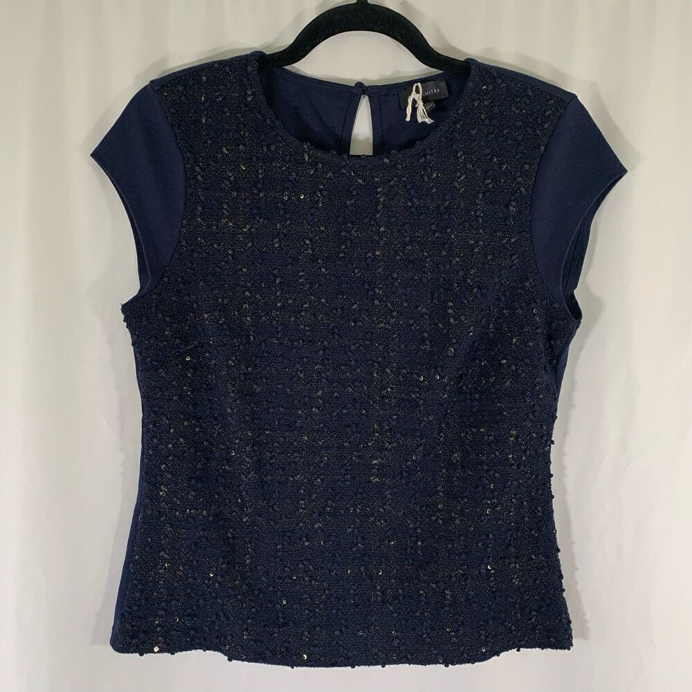 The Limited Blouse Women's Medium Blue Sequin Short Sleeve Round Neck Pullover